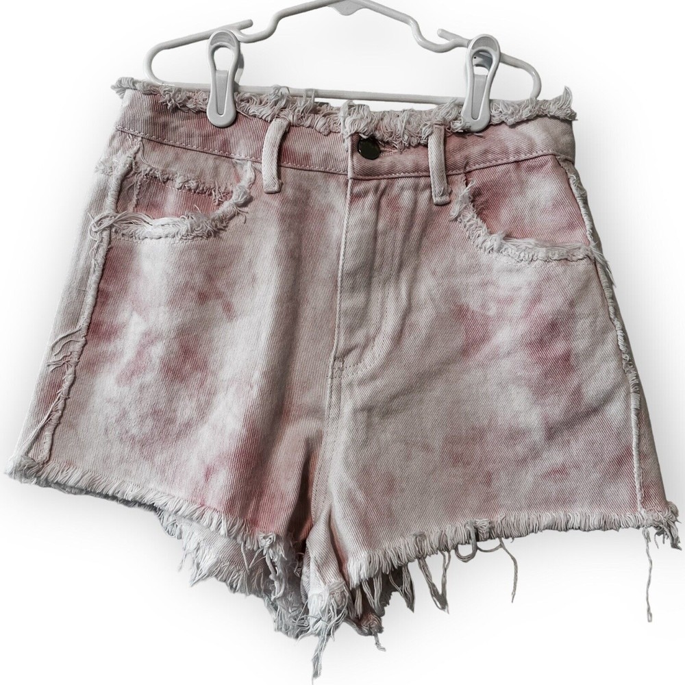 SheIn Shorts Womens XS Hot Pants HIGH Waist Frayed Hem White Pink Tie Dye Booty